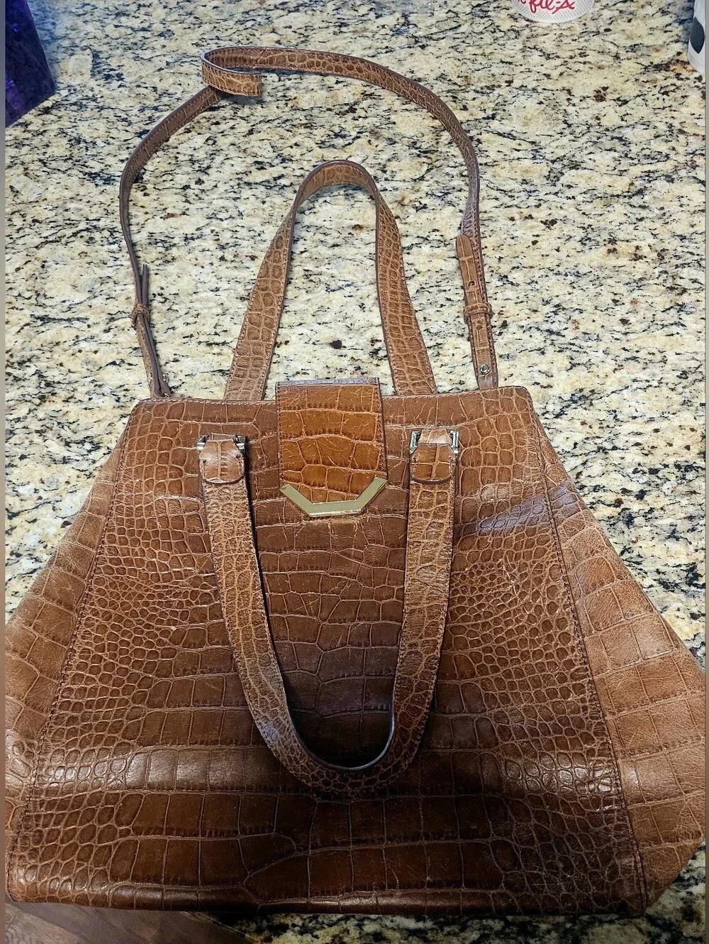 Brooks Brothers Crocodile-Embossed Leather Tote, characterized brown Leather